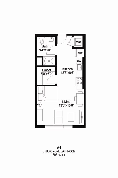 Floor plan for studio, 1 bath, 508 sqft